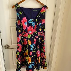 Navy Blue and Pink Floral Cotton Mini Dress